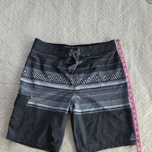 Trinity Black Swim Board Shorts with Gray and Aqua Stripes